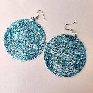 Blue Filigree Glitter Round Earrings